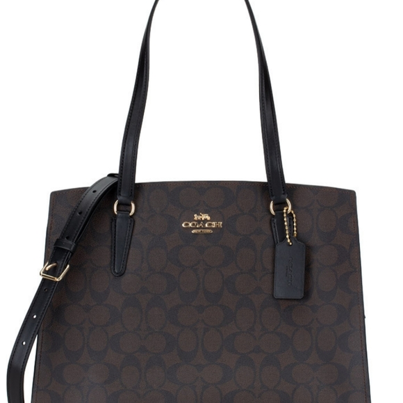 COACH C4075 TATUM CARRYALL TOTE BROWN SIGNATURE WITH BLACK LEATHER NEW WITH TAGS - Picture 2 of 12